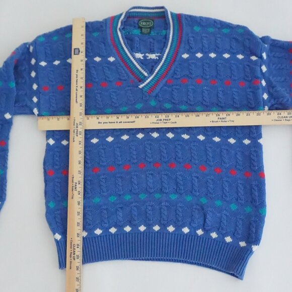 Vintage Izod Blue Cotton Patterned V Neck Sweater Eclectic Grandpa Preppycore XL - Picture 3 of 10